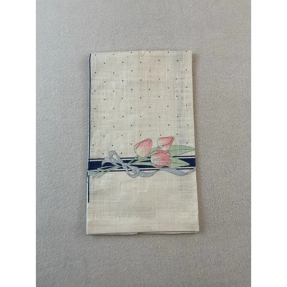 Stevens Linen Kitchen Towel Pink‎ Tulips Blue Bow Dots Vintage Made In USA New
